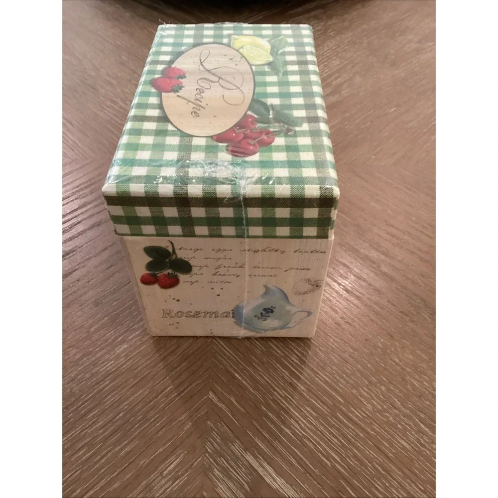 Recipe Box Green Martin Design Fruit Veg Gingham Check Lemon Cherry NEW Vintage
